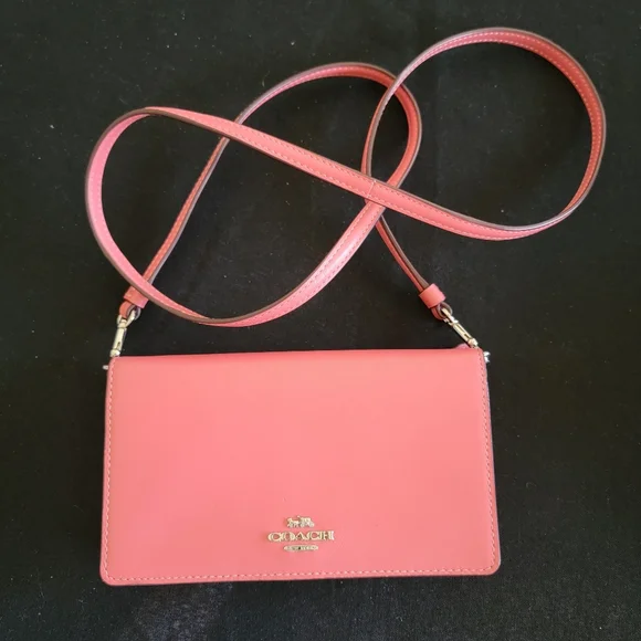 Coach Coral Pink Foldover Small Crossbody Purse Bag Clutch WOC - Picture 14 of 14